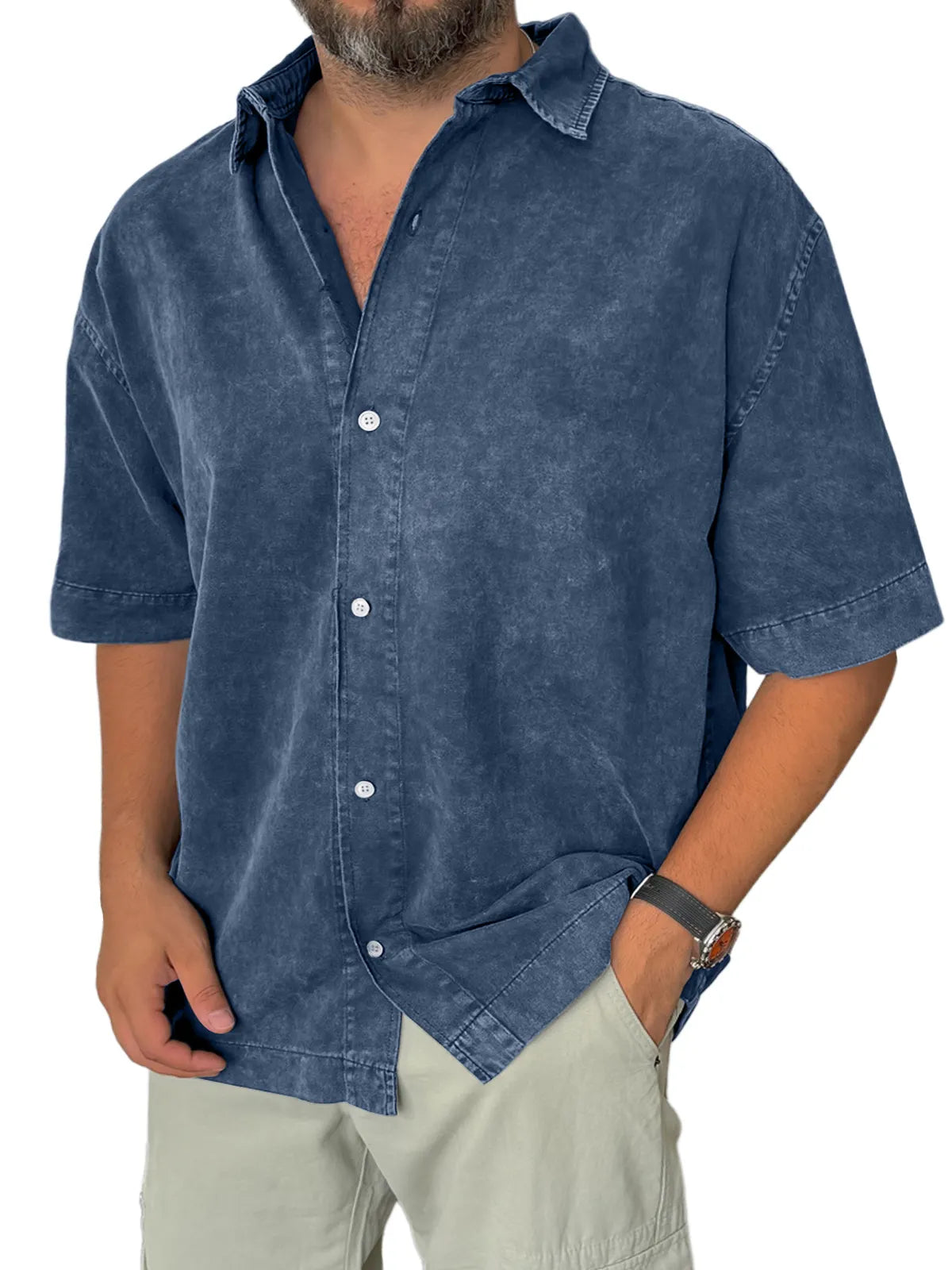 Men's Retro Everyday Casual Lapel Solid Color Short Sleeve Shirt