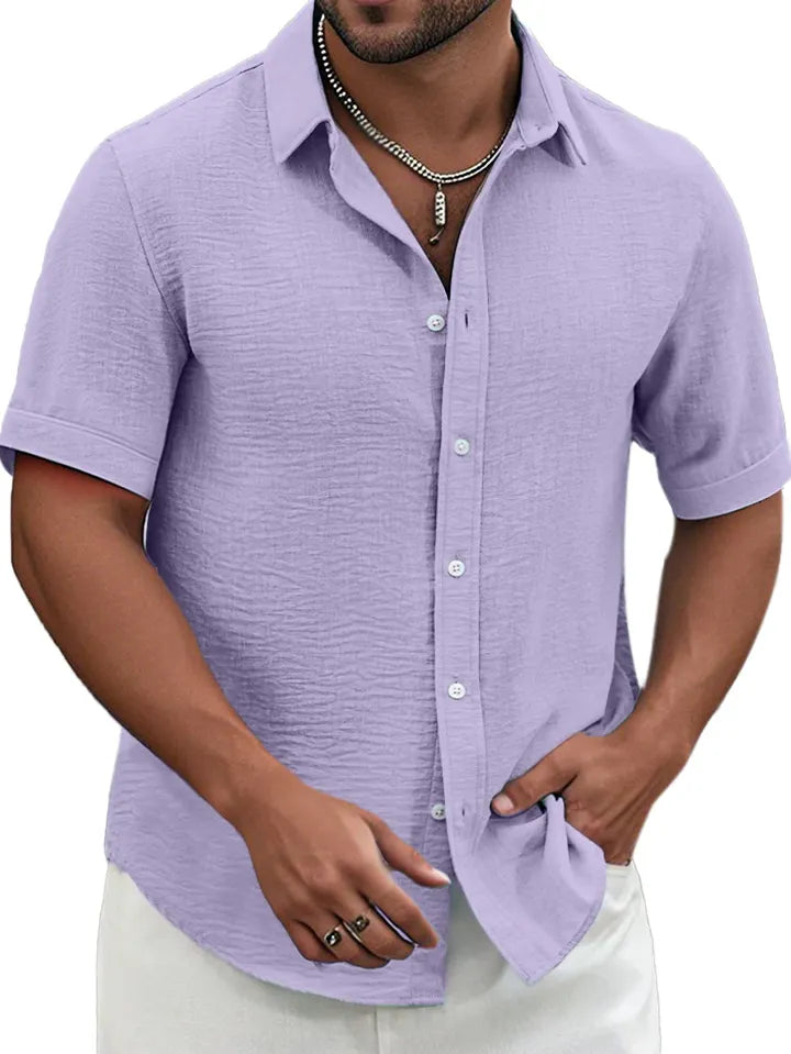 Men's Summer Solid Color Textured Short-sleeved Lapel Button-down Shirt
