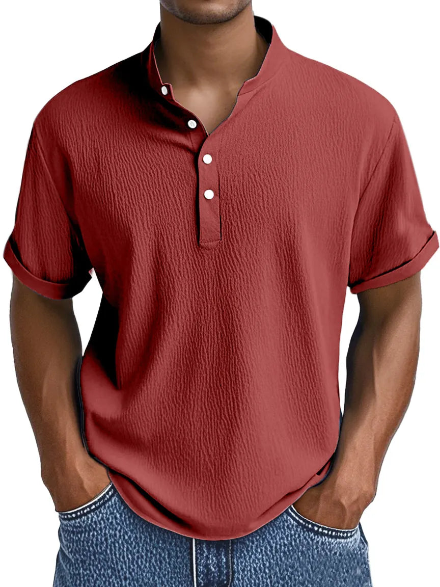 Men's Summer Daily Solid Color Pleated Texture Short-sleeved Henley Shirt