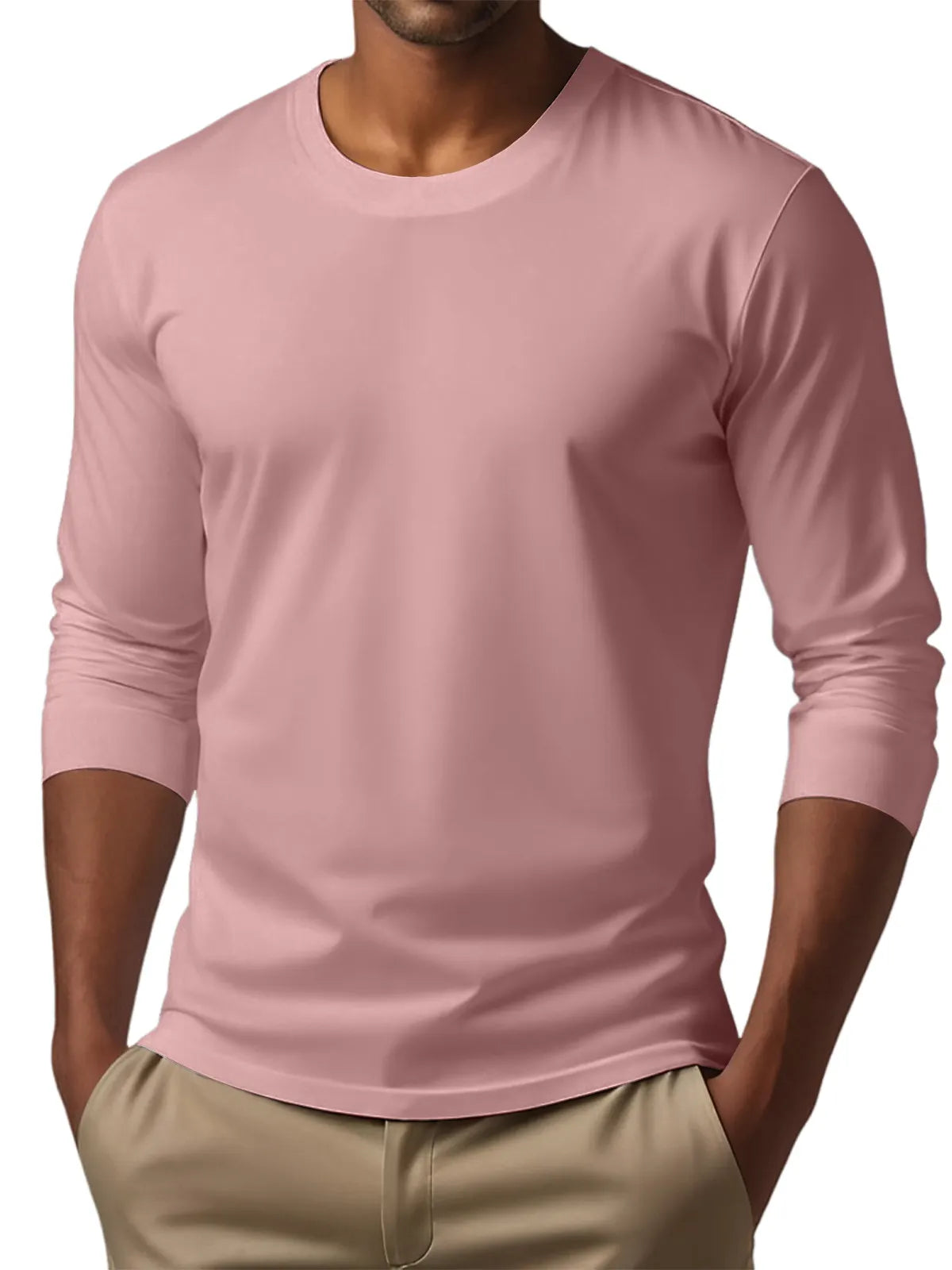 Men's Casual Round Neck Solid Color Comfortable Long Sleeve T-Shirt