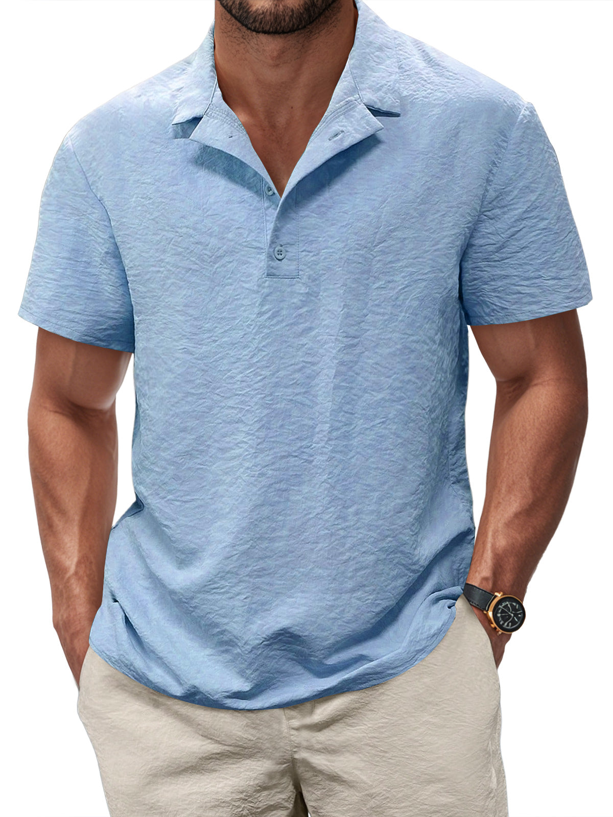 Men's Casual Pleated Texture Button Solid Color Short-sleeved Polo Shirt