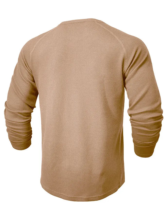 Men's Waffle Henley Collar Textured Long-sleeved Top