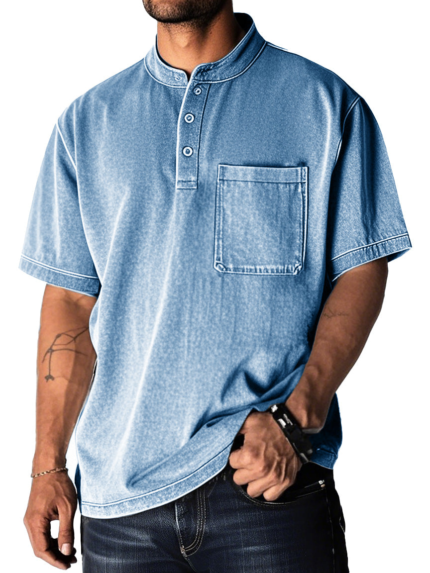Men's Fashion Retro Distressed Pocket Short Sleeve Lapel Henley Shirt