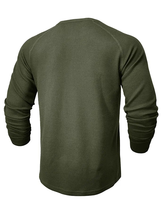 Men's Waffle Henley Collar Textured Long-sleeved Top
