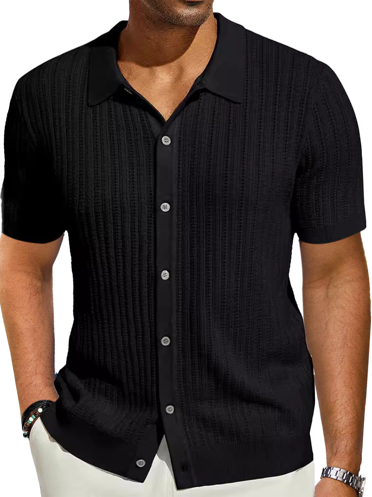 Men's Casual Solid Color Cool Knitted Short-sleeved Shirt