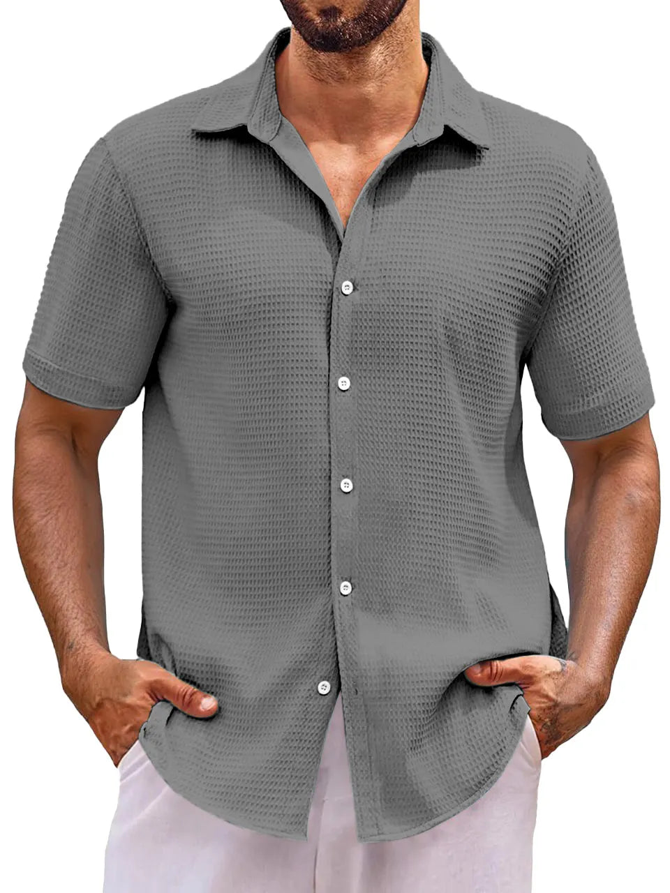 Men's Everyday Loose Solid Color Waffle Short Sleeve Shirt