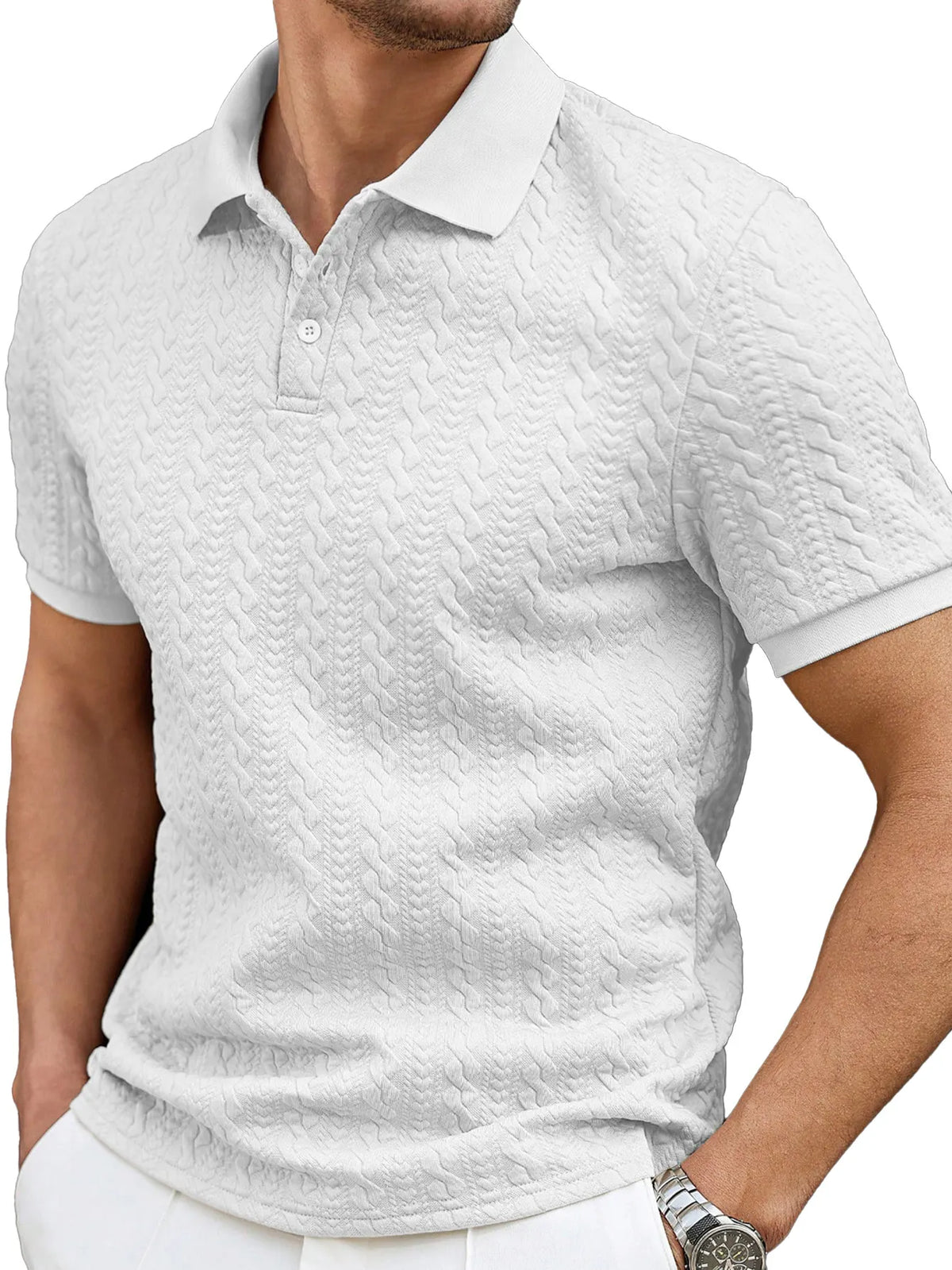 Men's Casual Solid Color Texture Loose Short-sleeved Lapel Polo Shirt
