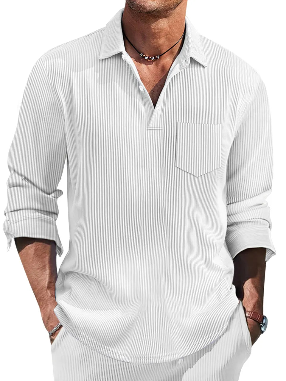 Men's Simple Solid Color Pit Lapel Button-up Polo Shirt
