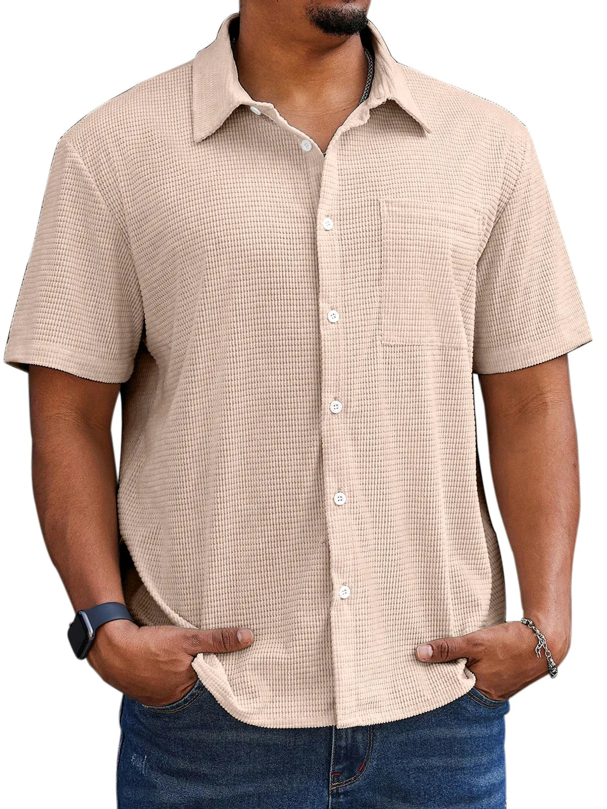 Men's Casual Simple Comfortable Waffle Short Sleeve Shirt