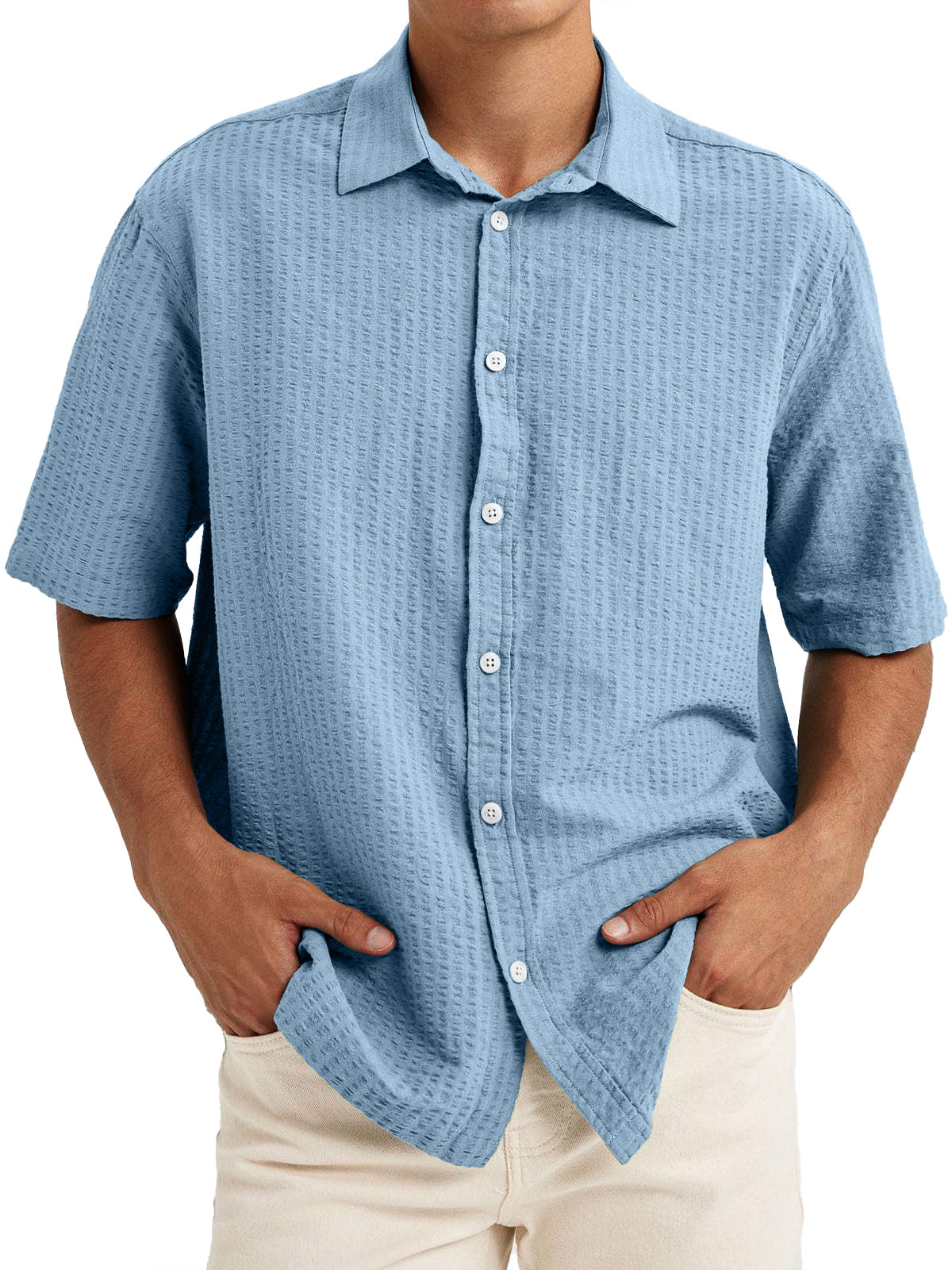 Men's Casual Textured Lapel Solid Color Short-sleeved Shirt