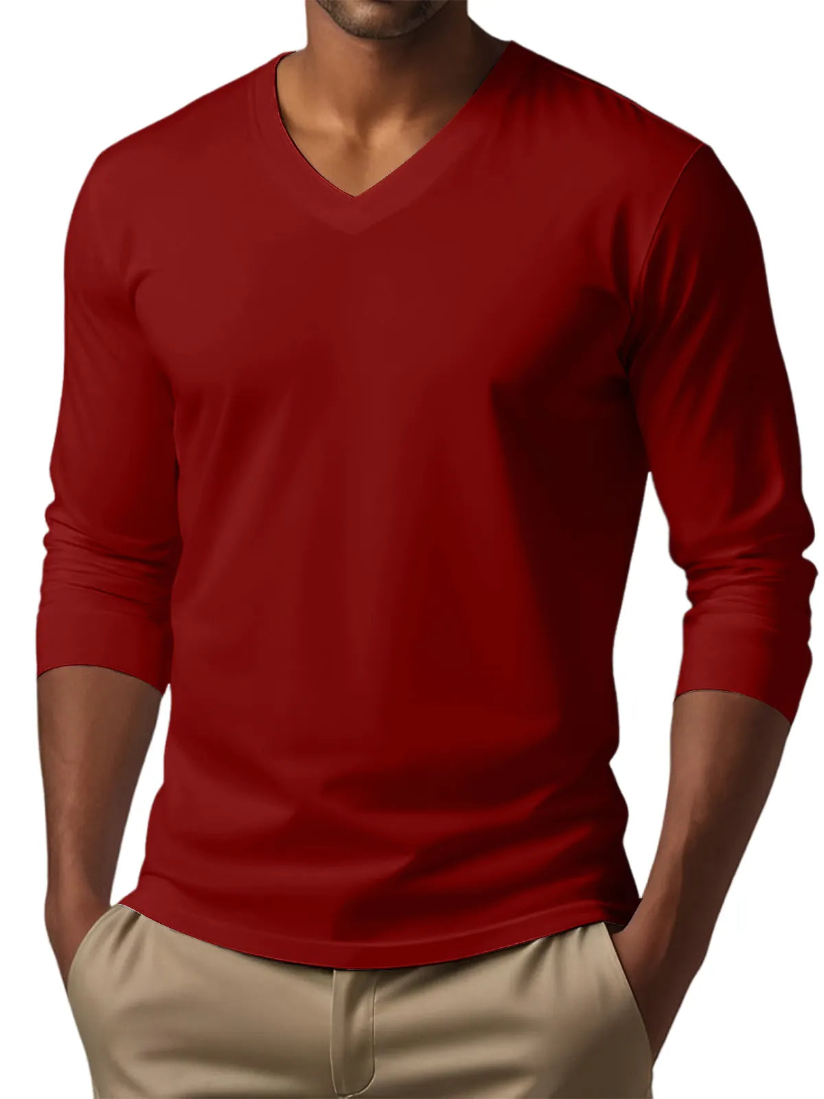 Men's V-neck casual solid color long-sleeved T-shirt