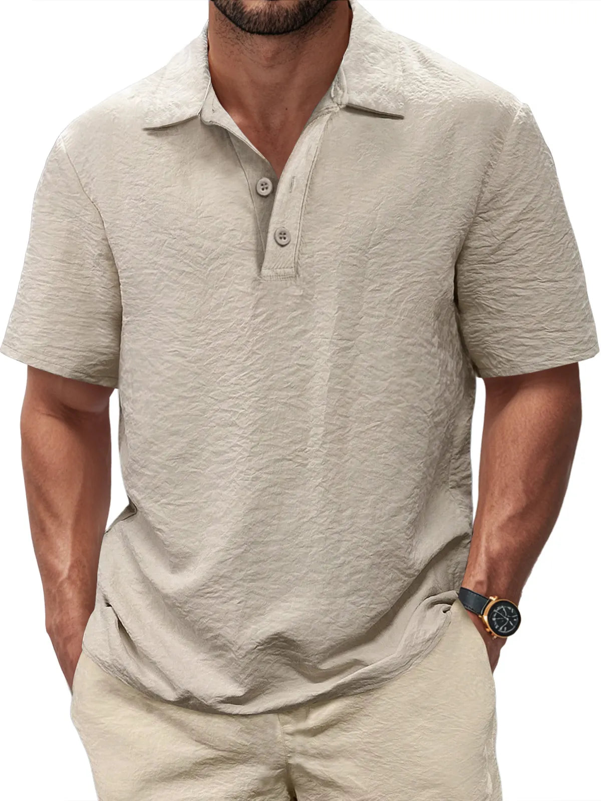 Men's Casual Pleated Texture Button Solid Color Short-sleeved Polo Shirt