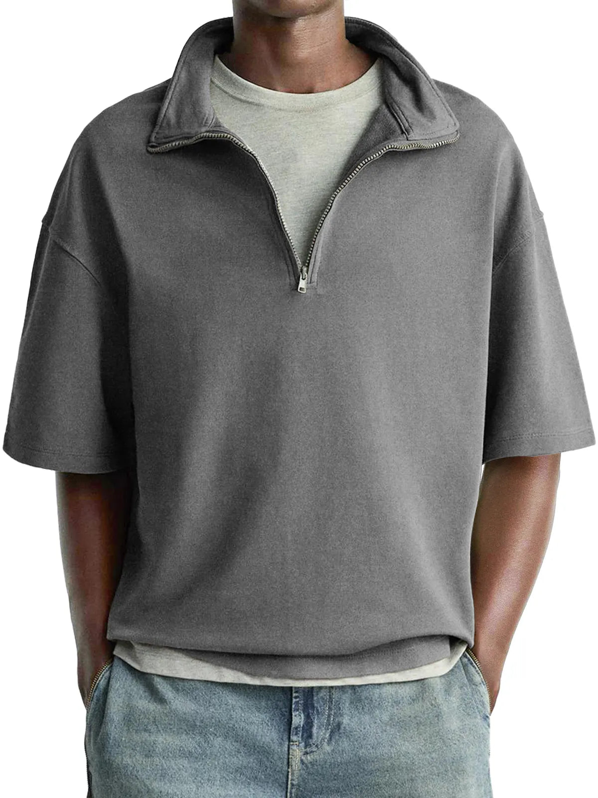 Men's Daily Casual Stand Collar Zipper Comfortable Short-sleeved T-shirt