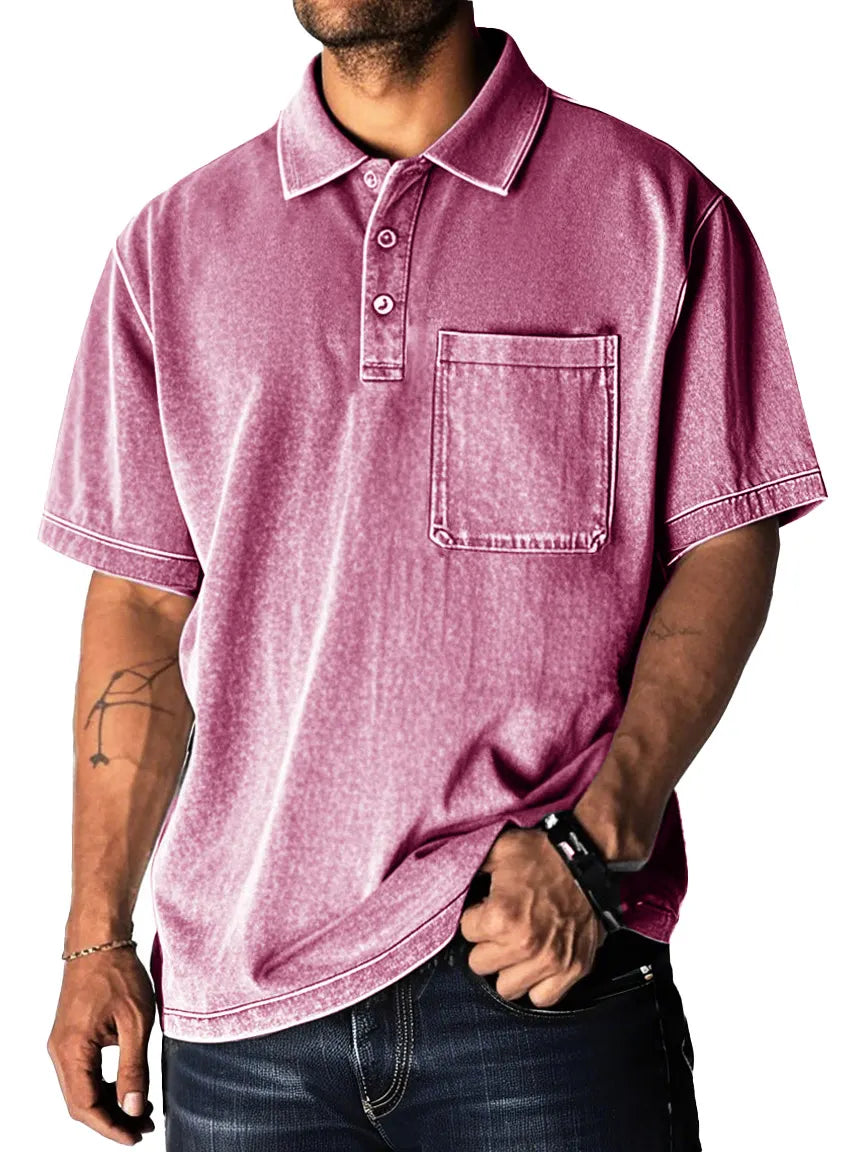 Men's Fashion Retro Distressed Pocket Short Sleeve Lapel Polo Shirt
