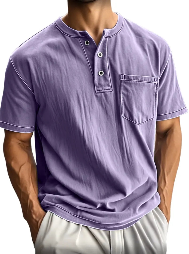 Men's Washed And Distressed Cotton Vintage Henley Collar Short-sleeved T-shirt