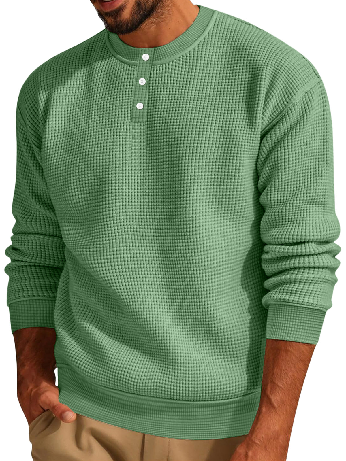 Men's Casual Waffle Solid Button Up Long Sleeve Henley