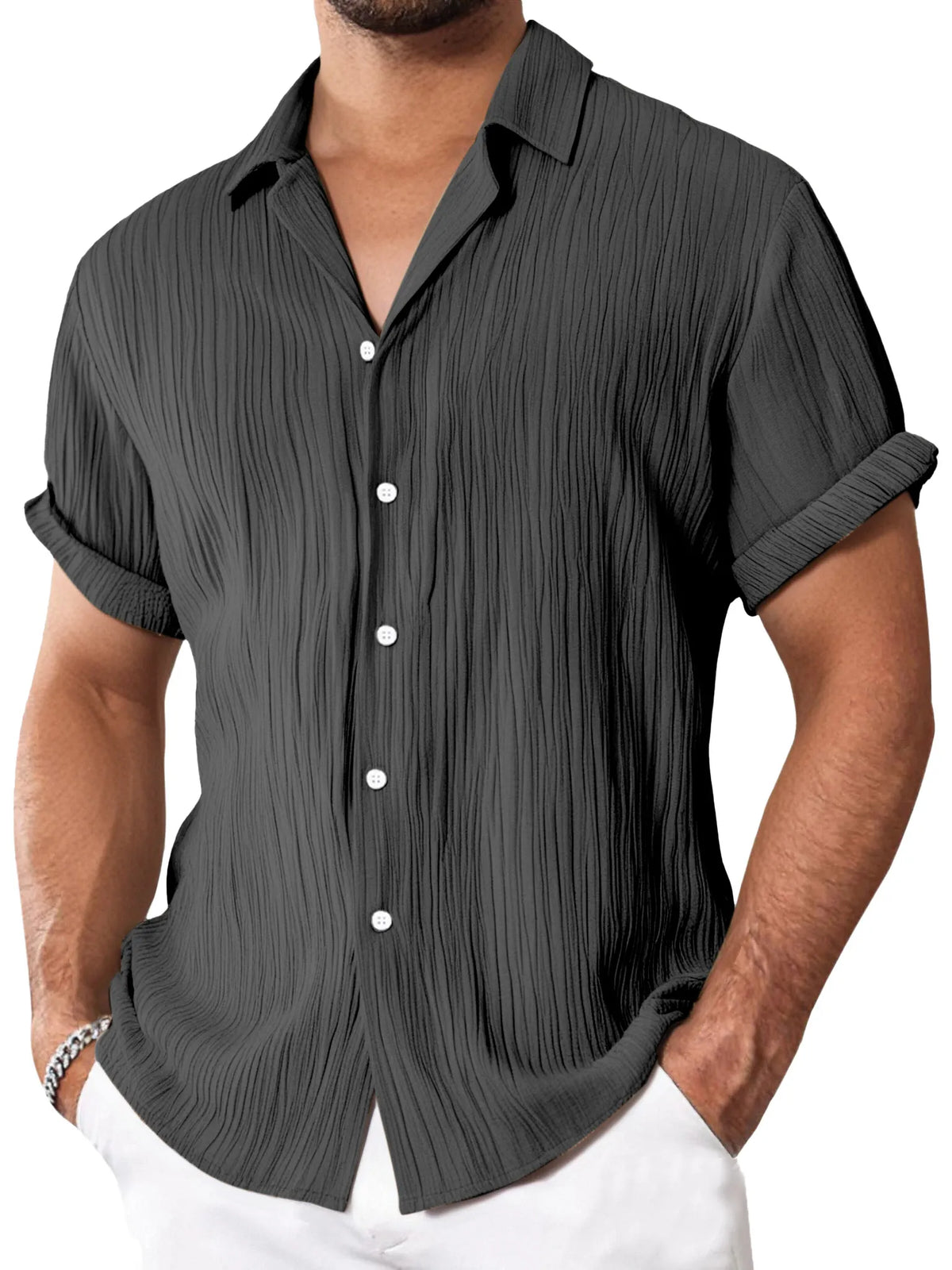 Men's Simple Everyday Textured Short Sleeve Lapel Button-down Shirt