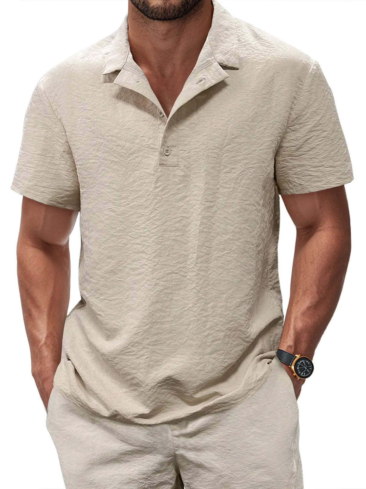 Men's Casual Pleated Texture Button Solid Color Short-sleeved Polo Shirt