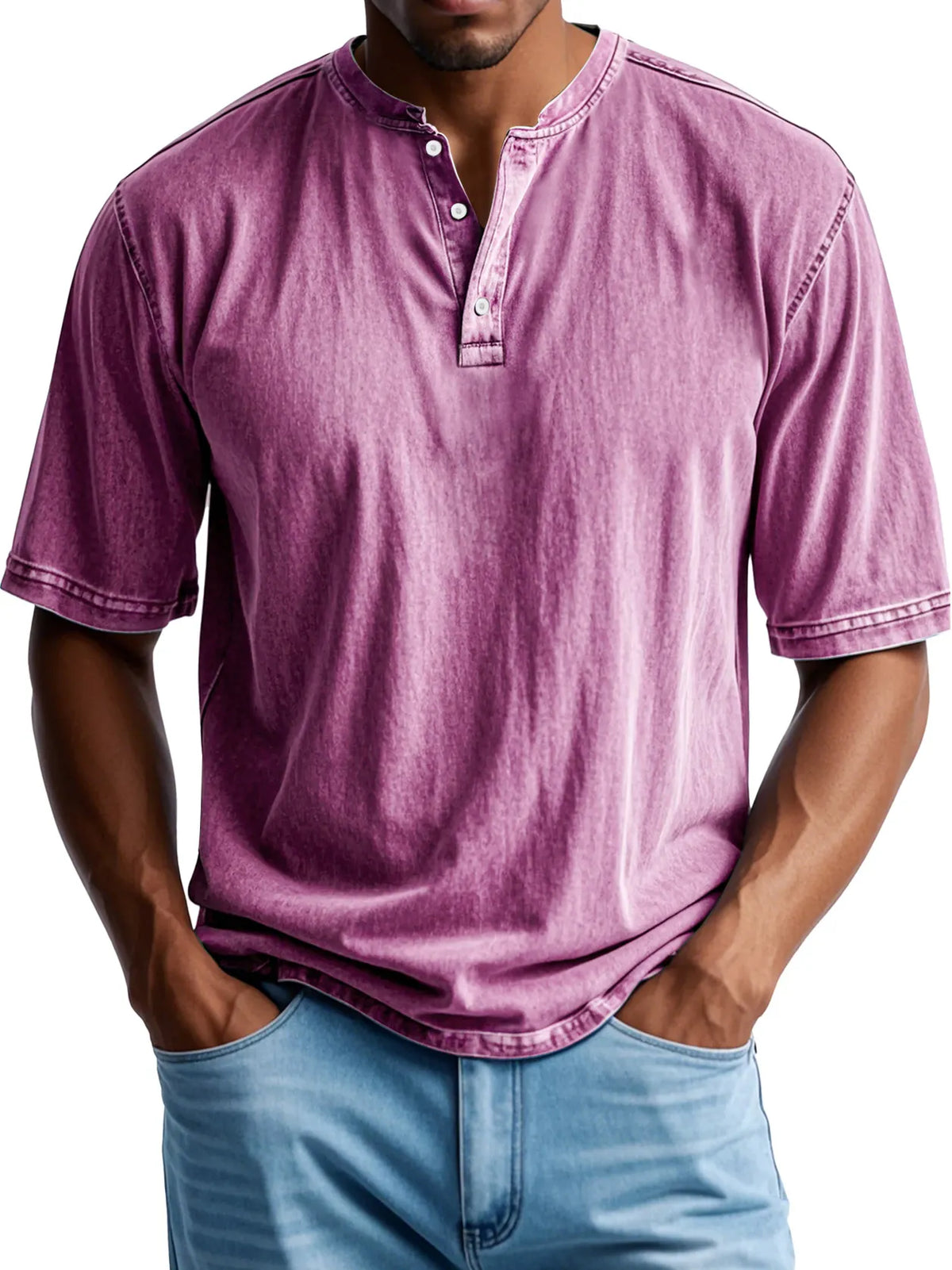 Men's Retro Casual Button Up Comfortable Solid Color Short Sleeve Henley Shirt