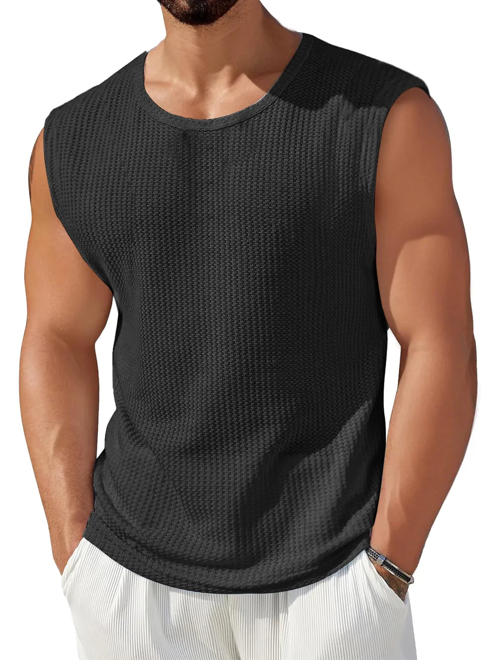 Men's Daily Waffle Round Neck Casual Solid Color Sleeveless Vest