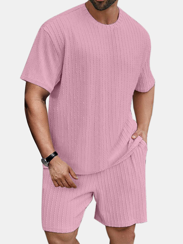 Men's solid color round neck pullover vertical pattern T-shirt shorts two-piece set