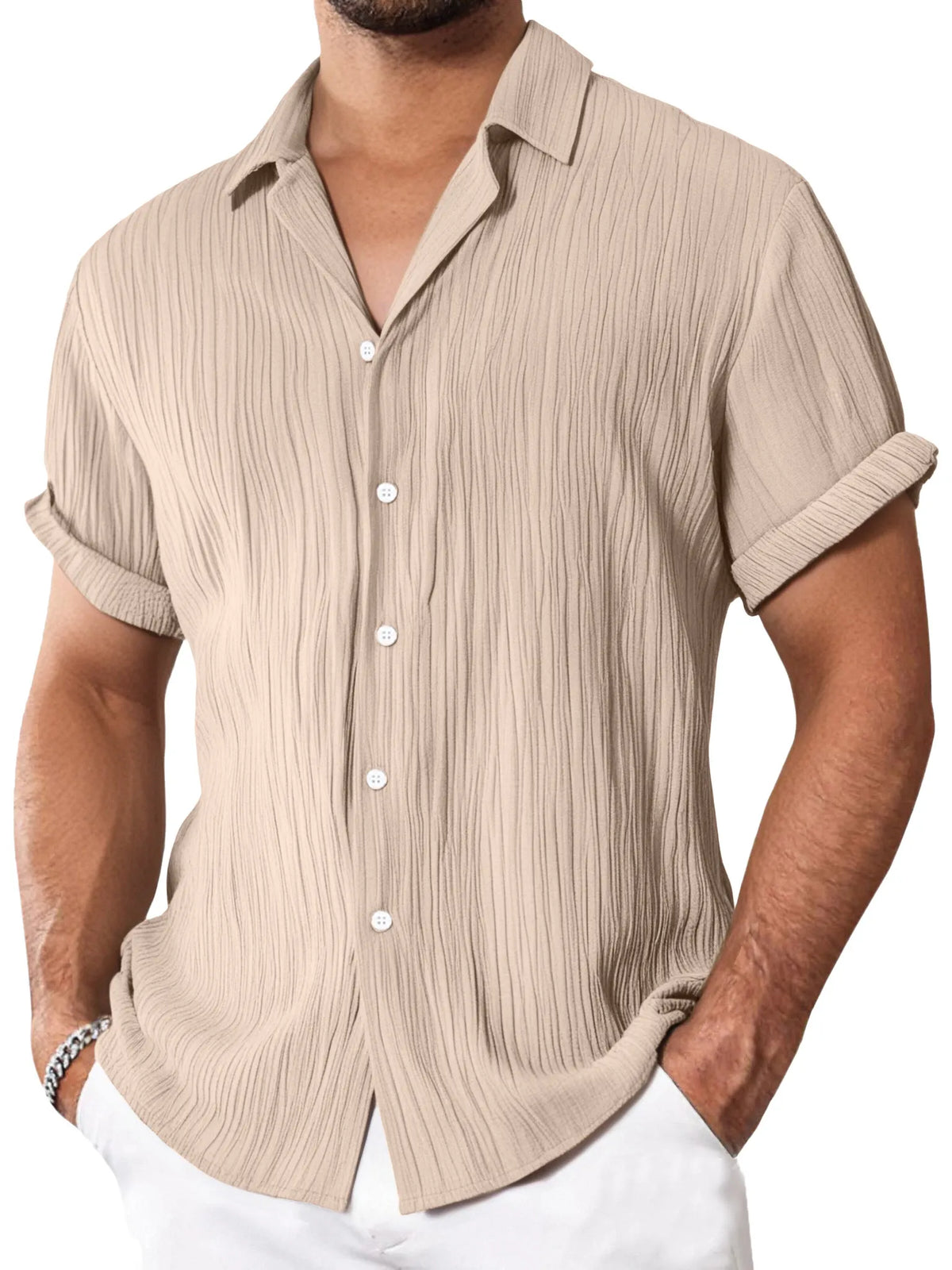 Men's Simple Everyday Textured Short Sleeve Lapel Button-down Shirt