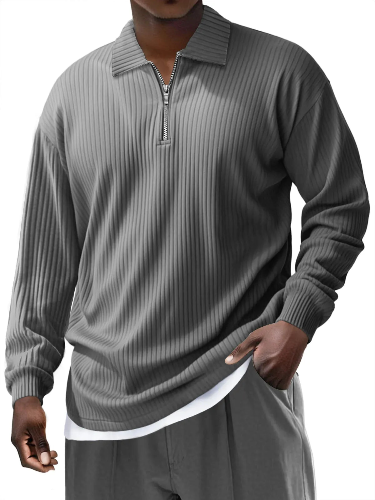 Men's Pit Zipper Lapel Solid Color Long-sleeved Polo Shirt