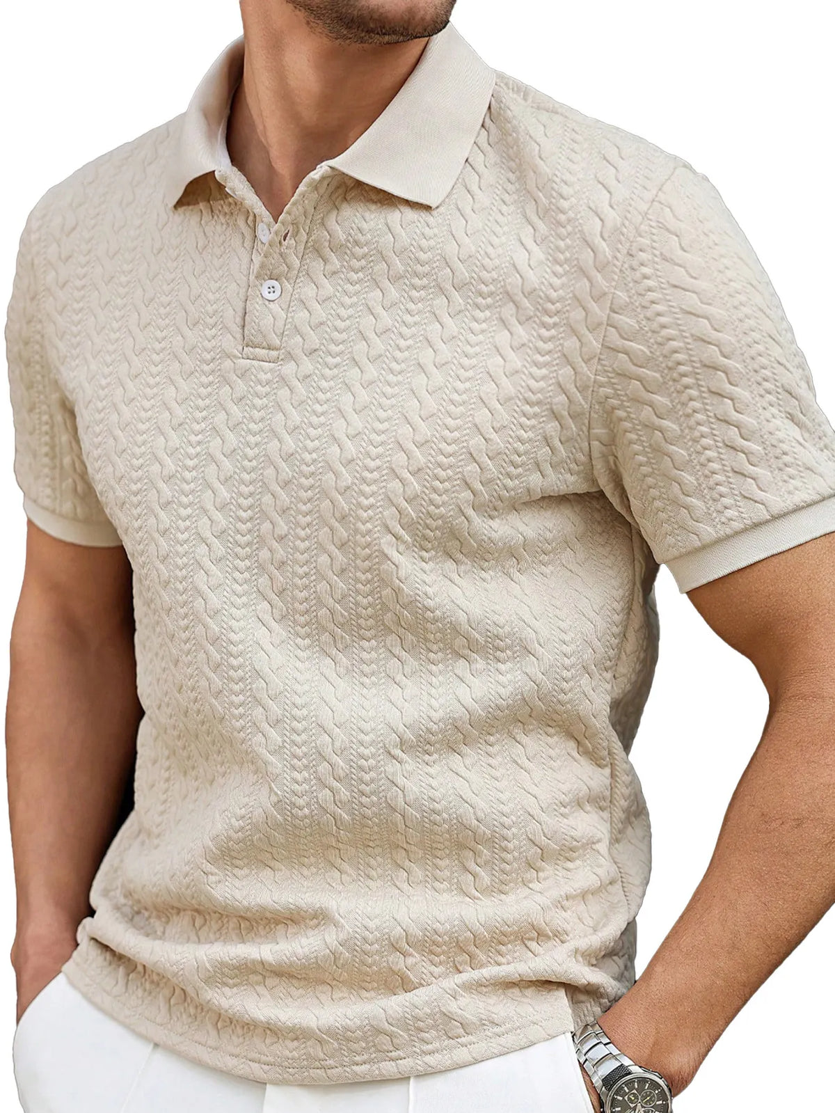 Men's Casual Solid Color Texture Loose Short-sleeved Lapel Polo Shirt
