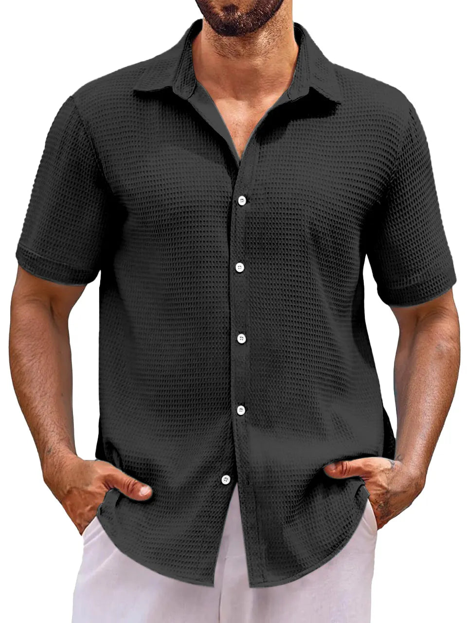 Men's Everyday Loose Solid Color Waffle Short Sleeve Shirt