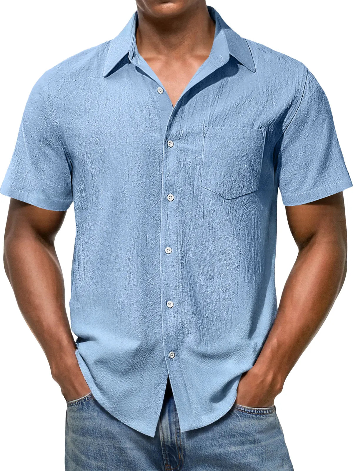 Men's Casual Texture Lapel Pocket Solid Color Comfortable Short Sleeve Shirt