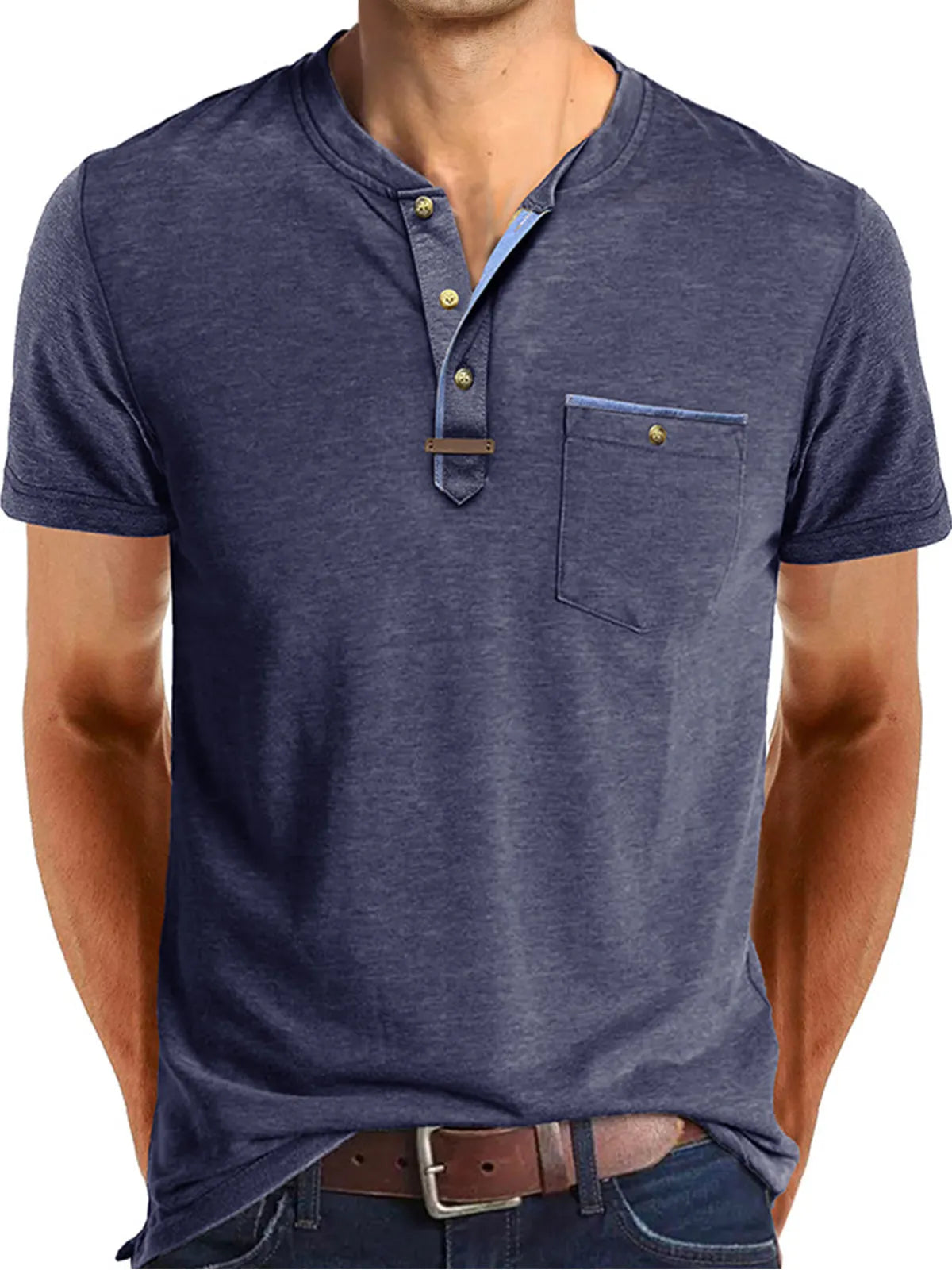 Men's Casual Button Solid Color Pocket Short Sleeve Henley Shirt