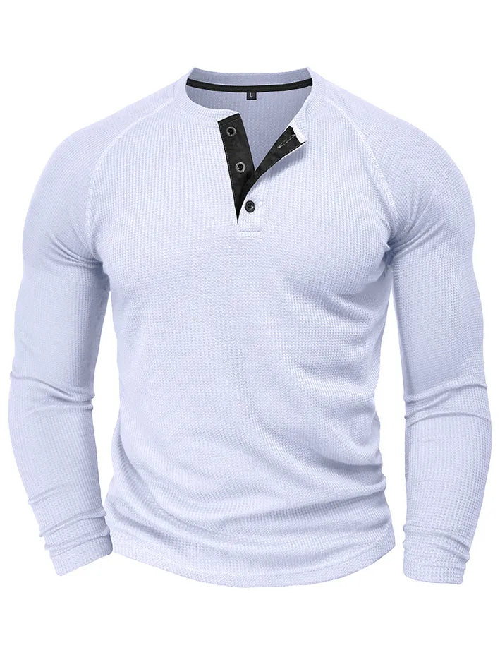 Men's Waffle Henley Collar Textured Long-sleeved Top