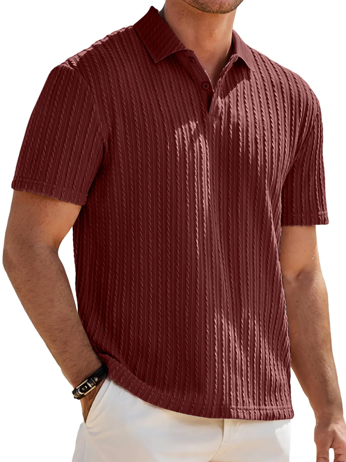 Men's Jacquard Texture Casual Lapel Button Solid Color Short-sleeved Polo Shirt