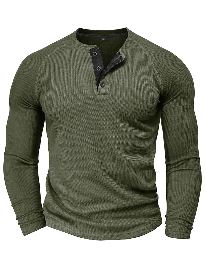 Men's Waffle Henley Collar Textured Long-sleeved Top