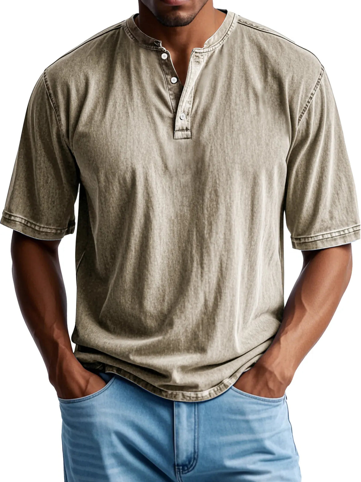 Men's Retro Casual Button Up Comfortable Solid Color Short Sleeve Henley Shirt