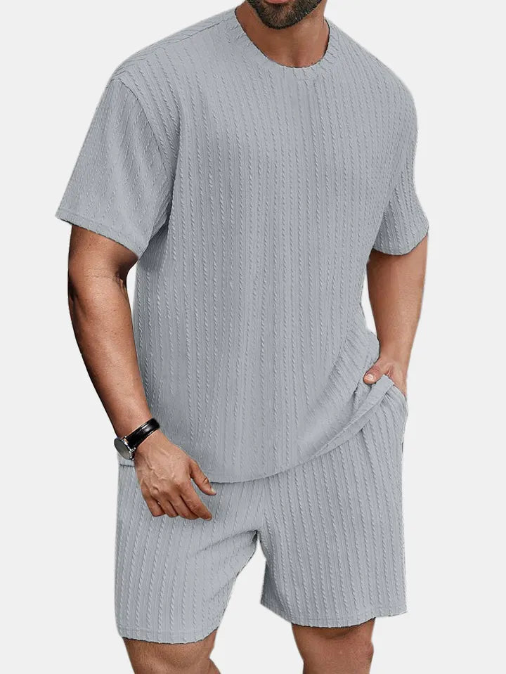 Men's solid color round neck pullover vertical pattern T-shirt shorts two-piece set