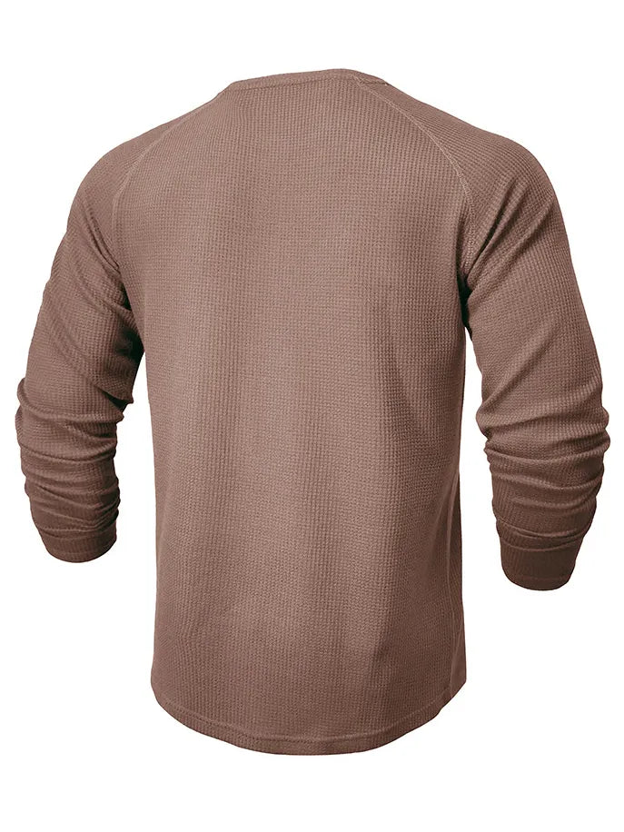 Men's Waffle Henley Collar Textured Long-sleeved Top