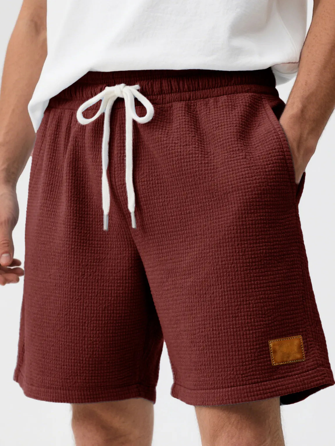Men's Fashion Casual Waffle Fabric Embroidered Logo Lace-up Loose Shorts