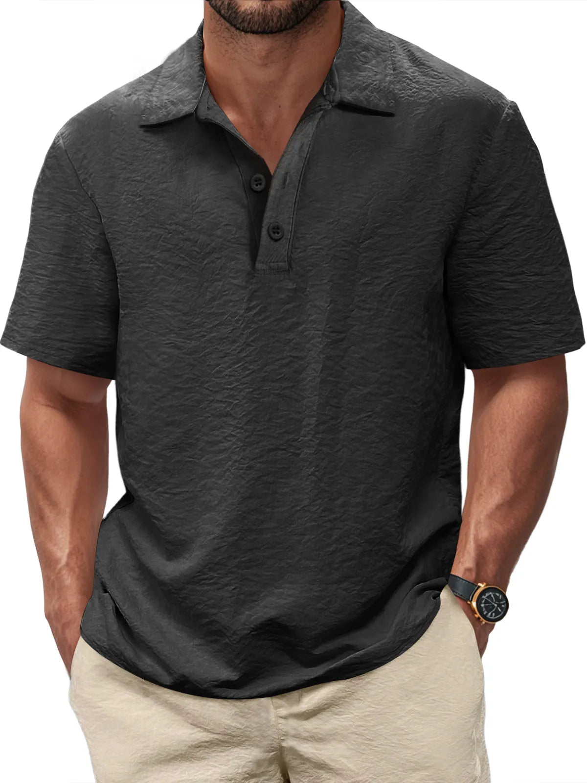 Men's Casual Pleated Texture Button Solid Color Short-sleeved Polo Shirt