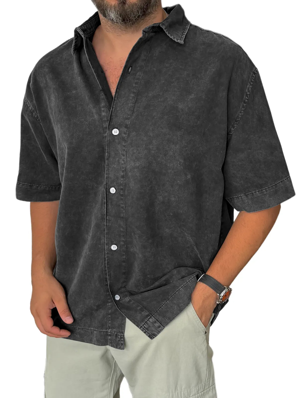 Men's Retro Everyday Casual Lapel Solid Color Short Sleeve Shirt