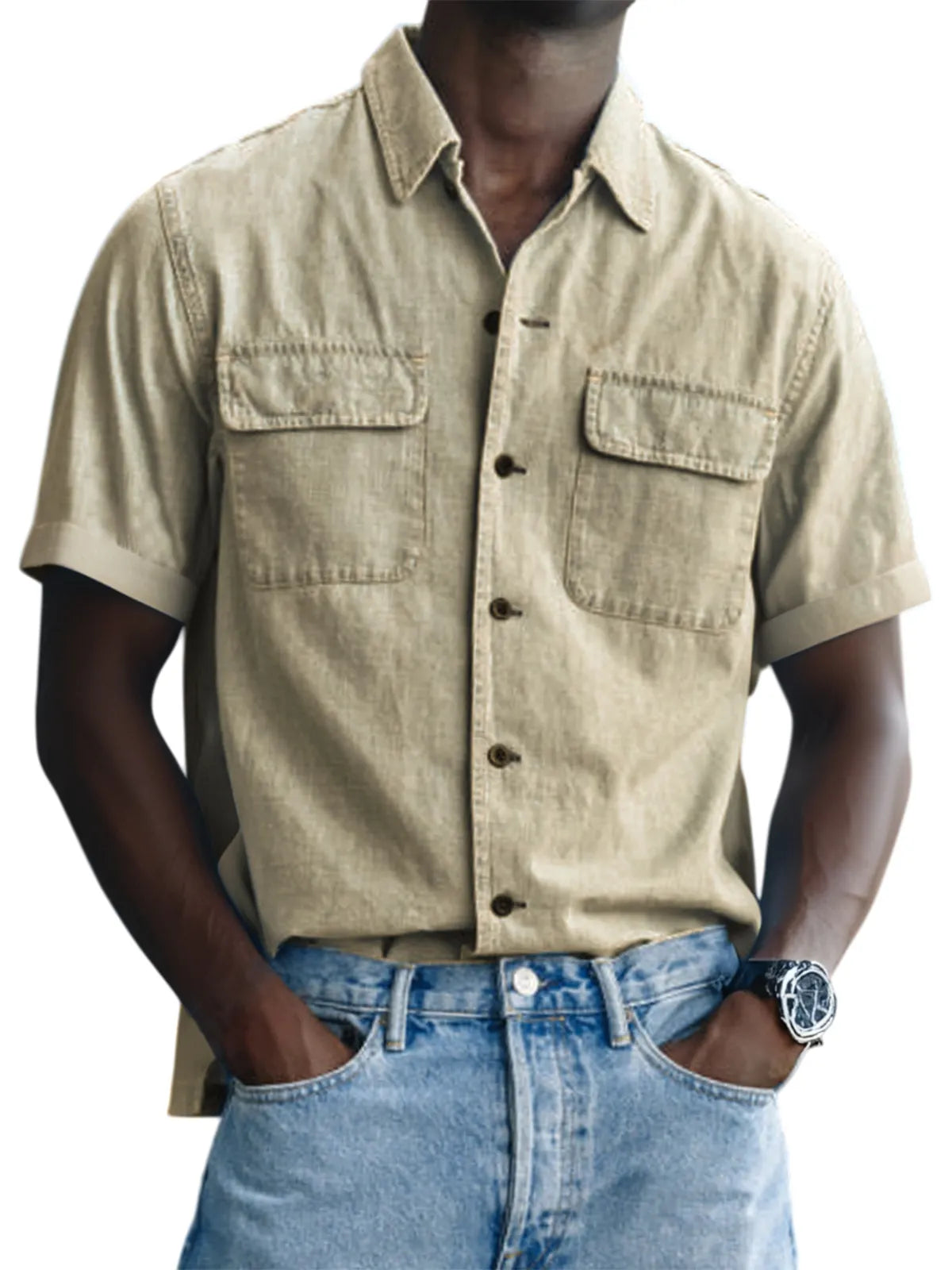 Men's Vintage Utility Double Pocket Button Down Short Sleeve Shirt