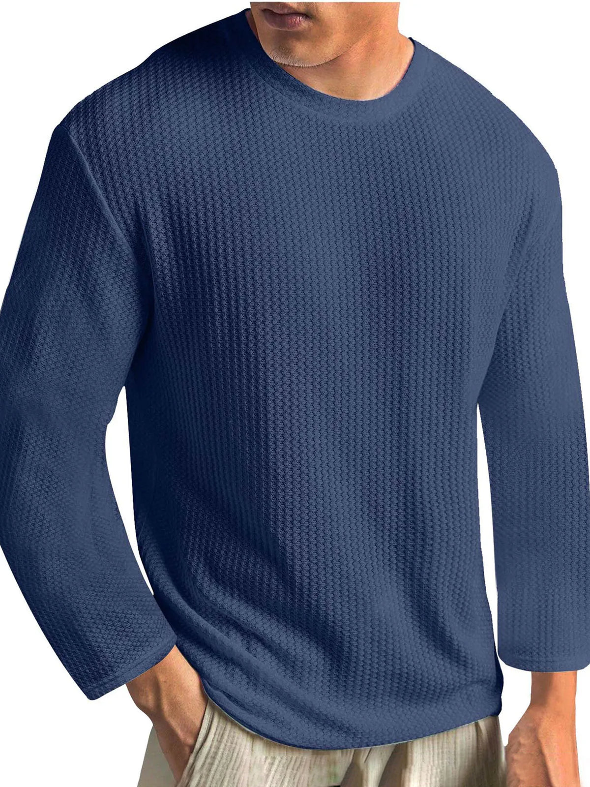 Men's Knitted Waffle Fabric Solid Color Basic Casual Base Outer Wear Long-sleeved T-shirt