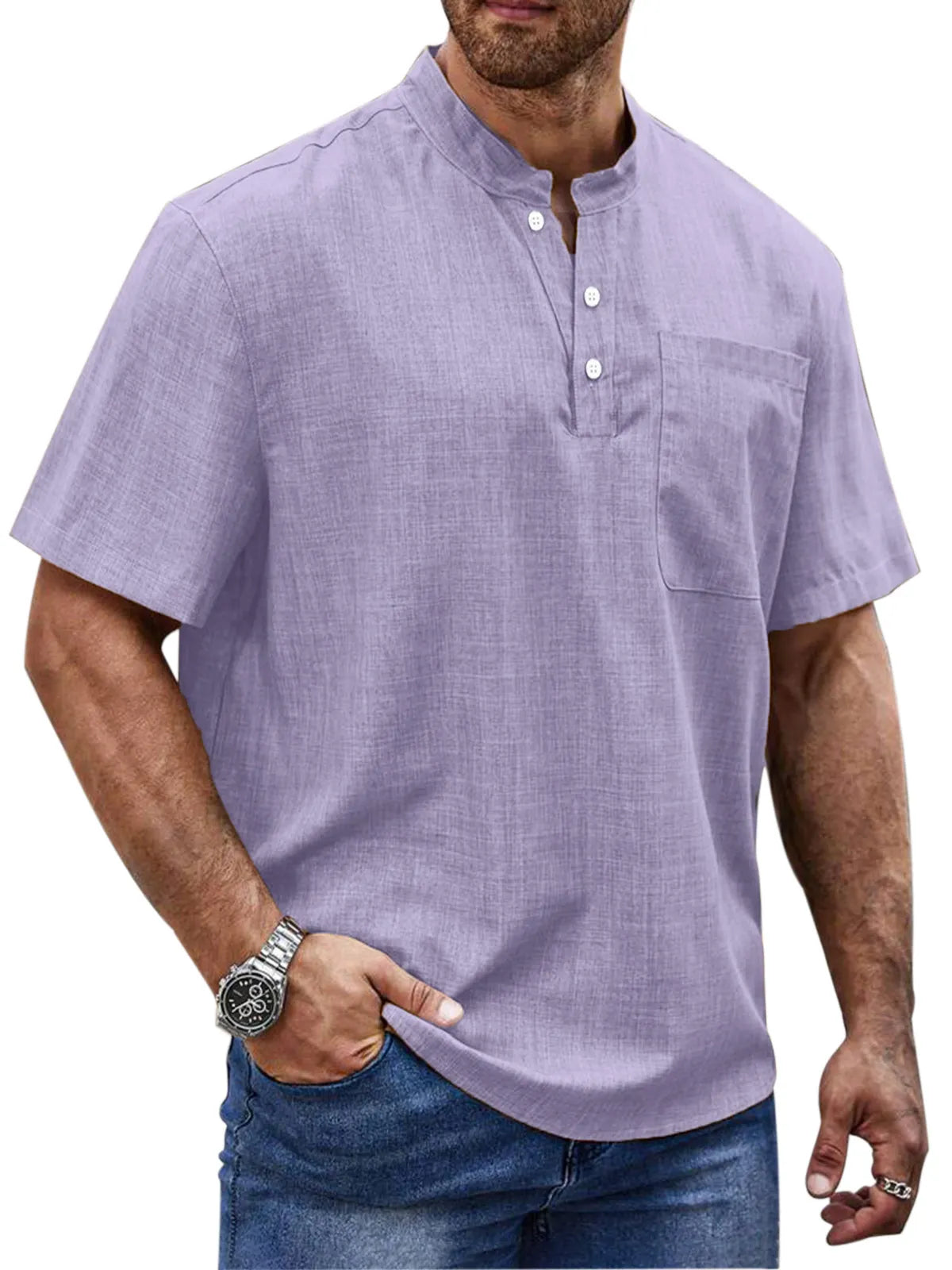 Men's Simple Daily Solid Color Short Sleeve Button Stand Collar Polo Shirt