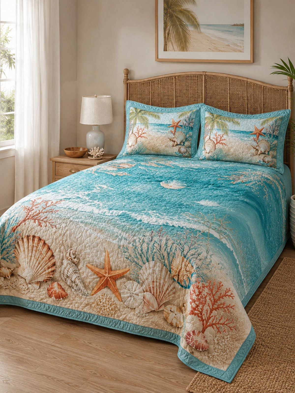 Seashells and Starfish on the Shore 3-Piece  Quilted Bedding Set