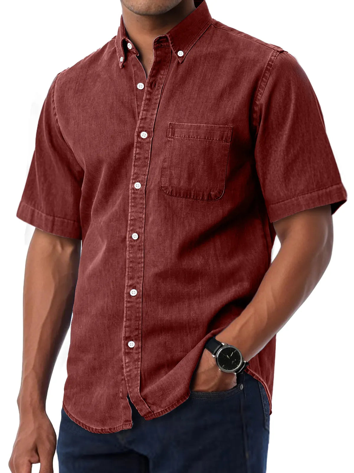 Men's Daily Casual Lapel Pocket Solid Color Comfortable Short Sleeve Shirt