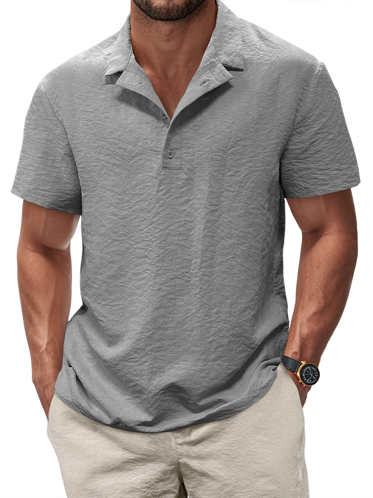 Men's Casual Pleated Texture Button Solid Color Short-sleeved Polo Shirt