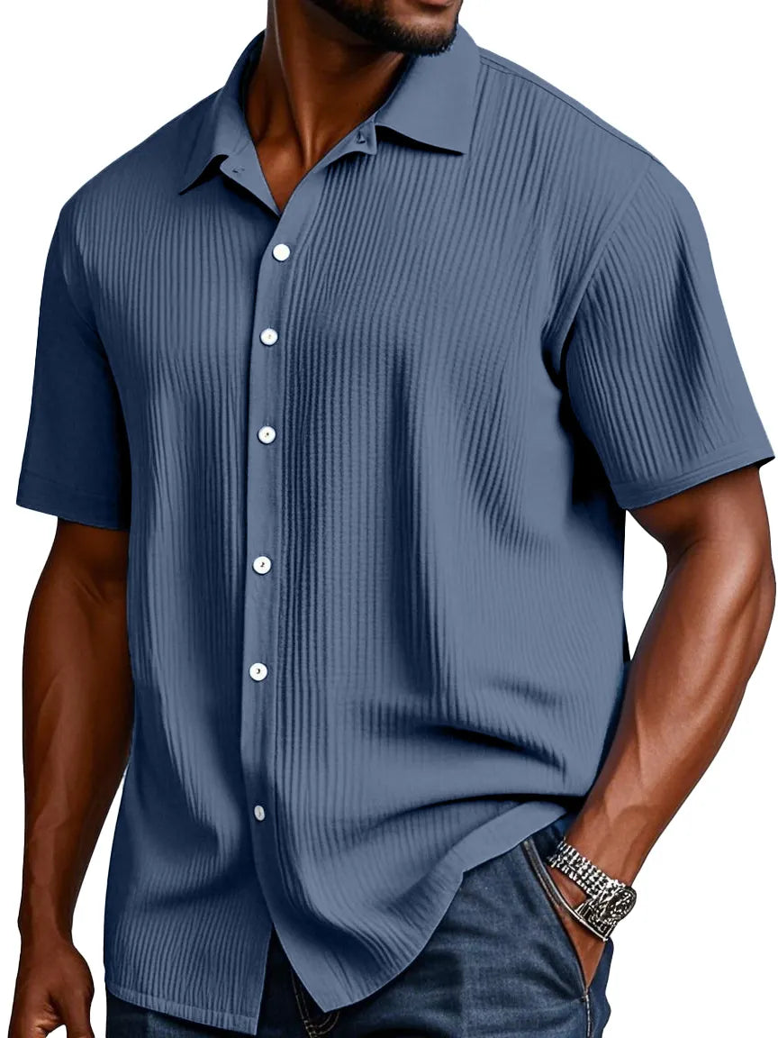 Men's Comfortable Solid Color Texture Short Sleeve Button Shirt
