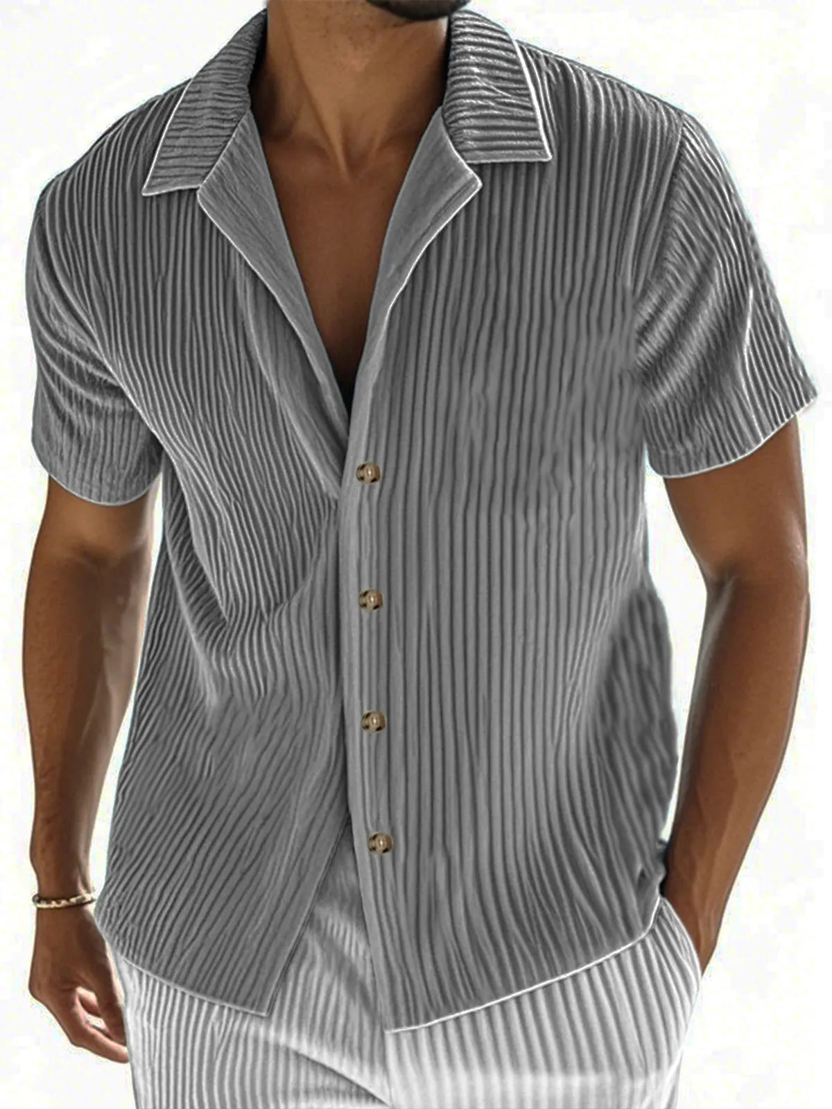 Men's Ribbed Vertical Striped Camp Collar Short-sleeved Lapel Shirt