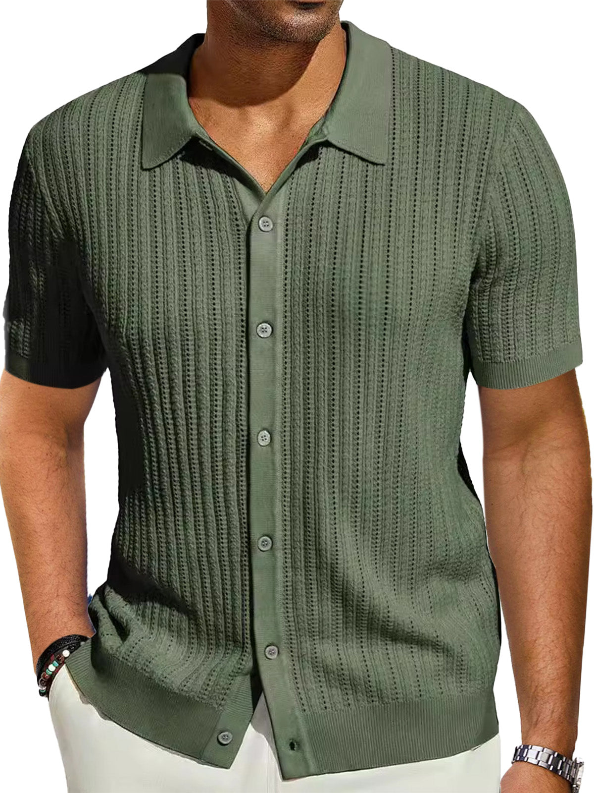 Men's Casual Solid Color Cool Knitted Short-sleeved Shirt