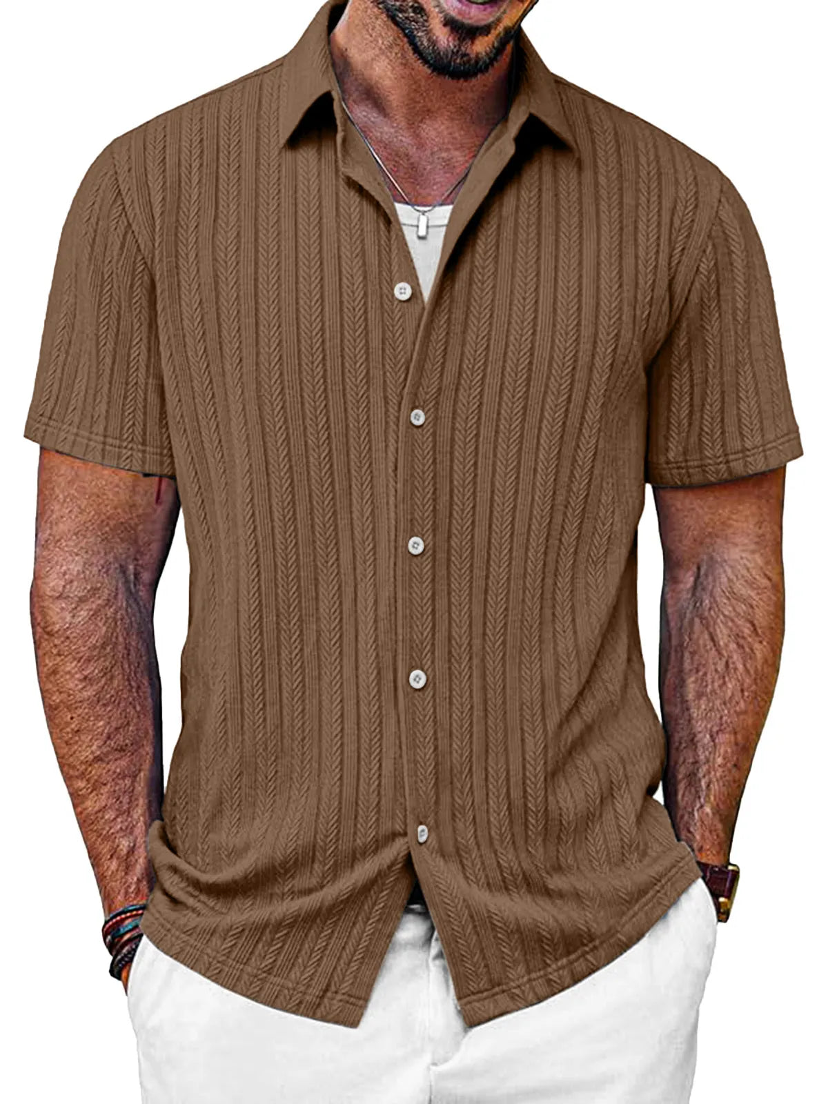 Men's Casual Solid Color Textured Short-sleeved Button-down Shirt